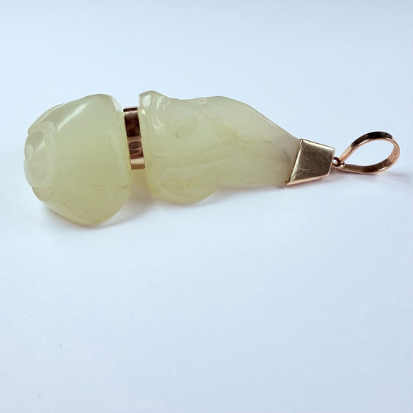 Estate 14K Gold Old Chinese Carved Mutton Fat White Jade Nephrite 3.2" Pendant - Picture 4 of 12